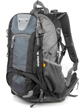 Senterlan Trekkingrucksack 38L Volumen mit Netzrücken Belüftungssystem, wasserdicht, integriertes Raincover, Stockschlaufen, Hüftflossen mit Reißverschlussfächern, Netzrücken Belüftung,