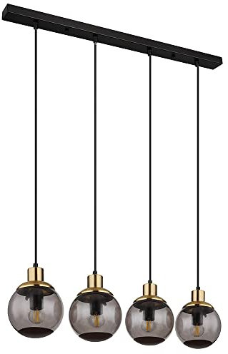 Hängelampe Glas modern Pendelleuchte Rauchglas Hängeleuchte schwarz, 4 flammig Metall Glaskugeln messing Retro, 4x 7W 630Lm warmweiß, LxBxH 75x15x110cm