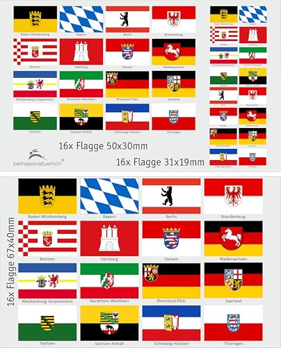 Deutschland Bundesländer Wappen Länderflaggen Aufkleber Set – 48 Sticker | Rechteckige Flaggen auf 2 Bögen, Wasserfest & UV-beständig, 3 Größen 76×40, 50×30, 31×19 mm für Modellbau, Koffer, Dekoration