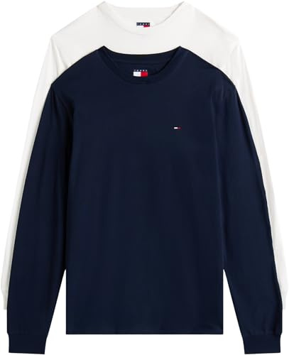 Tommy Jeans Men’s 2 Pack Round Neck Slim Long Sleeve Tops, Multicolor (Dark Night Navy/Ecru), L