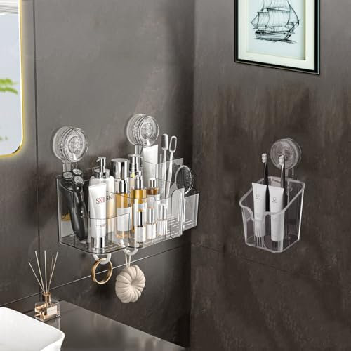WIFORH Clear Shower Caddy Suction, 2 Pcs Transparent Self-adhesive Bathroom Organiser Basket, Removable Waterproof Vacuum Shower Rack, No-Drilling Shampoo Bottles Organizer for Bathroom Kitchen
