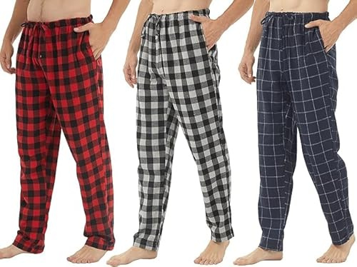 BEGIANT Pack de 2 ou 3 Pantalons Pyjama Homme Hiver Flanelle Coton Doux et Chaud à Carreaux Boutonnière Poches Confortable Lounge,Plaid gris + Carreaux bleu marine + Plaid rouge,Taille L