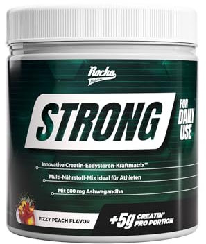 Rocka Nutrition Strong Multi-Nährstoff-Mix mit Creatin, Ashwagandha, Vitamin K2+D3, Magnesium & Zink| Veganes Kraft- & Performance Supplement | 100% Geschmack | 330 g (Fizzy Peach)