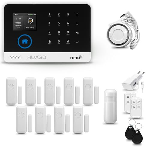 HUXGO® HXA003 Funk Alarmanlage Set WiFi + GSM mit Sirene | Alarm System mit Bewegungsmelder, 9X Tür- Fenstersensor, Fernbedienung | Wohnmobil Alarmanlage | Smart Home Security