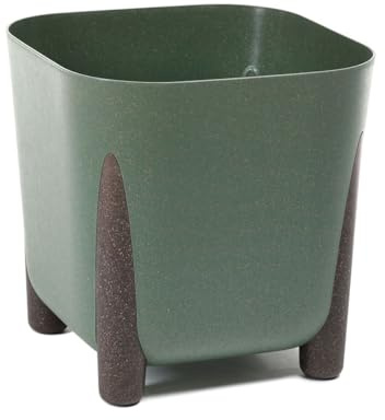 Muddy Hands Eco Friendly Plant Pot with Legs Indoor Home Outdoor Garden Square Decorative Flower Planter Holder Cover - Made from Recycled Plastic & Wood (Green, 29cm)