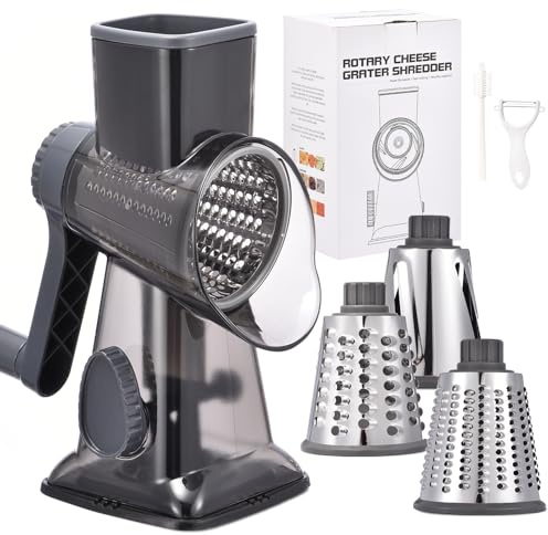 Grattugia rotativa per formaggio con manico da cucina trituratore affettatrice grattugia affettatrice per ghiaccio formaggio verdure noci patate zucchine cioccolato 3 lame intercambiabili (grigio TSP)