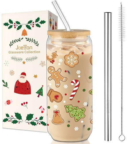 Joeyan 600ml Verres à Boire de Noel Avec Couvercles et Paille, Verre à Eau en Holly Gingerbread Man, Tasse a Cafe Chaud, Pour Biere,Matcha Latte,Bubble Tea, Cadeau Esthétique pour Papa,Mères,Amies