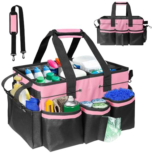 Jonuin Cleaning Caddy with Handle, Professional Cleaning Bag with Detachable Divide, Adjustable Shoulder Strap & Waist Belt, Large Cleaning Caddy for Cleaning Supplies, Home, Car, Garden, Craft (Pink)