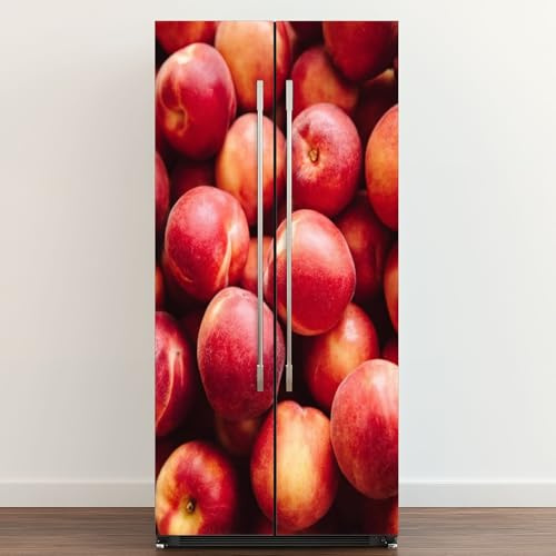 Self Adhesive Vinyl Refrigerator Wrap Food Lots Mouth Watering red Nectarines Door Mural Sticker Peel and Stick Removable Door Cover Fridge Wrap Decal for Kitchen Decor