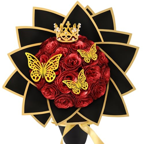 MWOOT 24 Piezas Ramo de Rosas con Purpurina, Ramo de Flores Artificiales para Bricolaje con Rosa Falsa con Purpurina Roja Corona Mariposa 3D, Regalo de Ramo para San Valentín Boda Día de la Madre