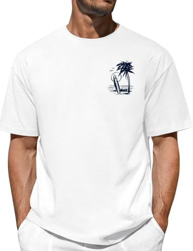 Lonya Tee Shirt Homme Oversized Été, Graphic T-Shirts à Manches Courtes 100% Coton Imprimé Palmier Vagues Coucher de Soleil Col Rond Basique Casual Plage Vacances Tops