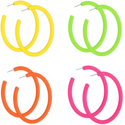 TIESOME 4 Pairs Neon Hoop Earrings for Women, Candy Color C Hoop Earrings | 2.5 Inch Large Acrylic Retro 80s-90s Style, Lightweight Party Dancing Accessories (Orange, Yellow, Pink, Green)