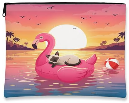 Funny Siamese Cats Makeup Bag, Flamingos Lifebuoys Sea Cosmetic Travel Pouch for Women Girls, Pet Portable Small Canvas Zipper Organizer 7x9 Inch