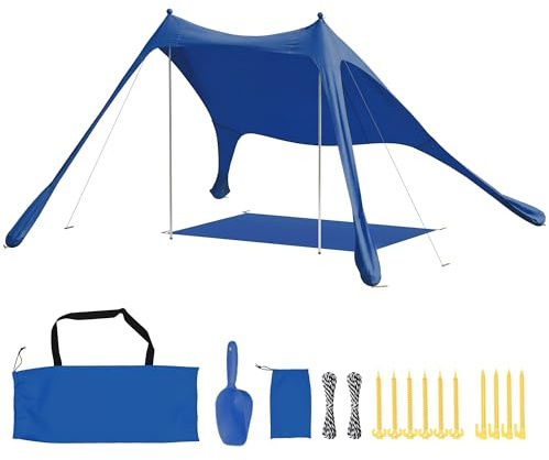 Outsunny Carpa Playa Plegable 208x200 cm para 2-4 Personas UPF50+ Azul | Toldo Playa Portátil con Esterilla,Postes de Aluminio,Pala,Estacas,Bolsa de Transporte Impermeable,para Camping,Pesca