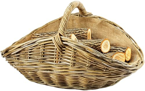 Kobolo Holzkorb für Kaminholz oval Kubu grey aus Rattan mit Henkel und Jute ausgeschlagen