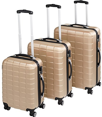 tectake® Set 3 Valigie Trolley da Viaggio, Set Valigie con Scocca Rigida, Rotelle Girevoli a 360°, Serratura a Combinazione TSA - Champagne