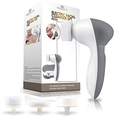 Portable Electric Facial Brush by Project E Beauty | 3 Exfoliating Brush Heads | 360° Rotation | Gentle & Deep Cleansing | Travel Cleansing Brush Set with Case | Battery Powered | for Men & Women