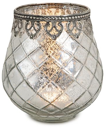 Vintage Kerzenglas Windlicht silber in 14 cm - Modernes Windlichtglas als Kerzenständer Laterne und Teelichthalter - Boho Kerzenhalter Teelichtglas für Wohnzimmer Tisch-Deko, Balkon, Hochzeit