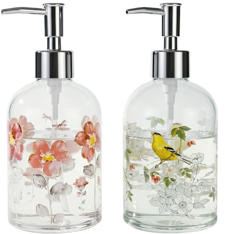 Topadorn Glas Seifenspender 2er Set 500 ml, Nachfüllbare Flüssigseifenspender mit Edelstahlpumpe, Blumen- & Vogelmotiv, Seifenspender für Küche, Bad, Spülmittel, Lotion, Landhaus Deko