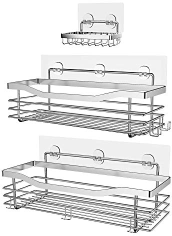 Orimade Adesivo Mensola Bagno Doccia con Portasapone Mensole Caddy con 5 Ganci per Appendere Spugnette Portacoltelli da Barba Senza Foratura Inossidabile SUS304 – 3 Pezzi