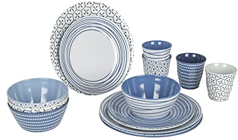 Bo-Camp - Vaisselle - 100% mélamine - 16 pièces - Mix & Match - Bleu