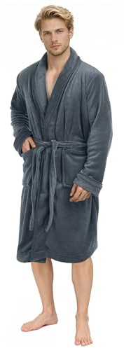 NY Threads Luxury Men Dressing Gown Super Soft Fleece Bath Robe Cozy Shawl Collar Loungewear and Nightwear, Medium, Grey