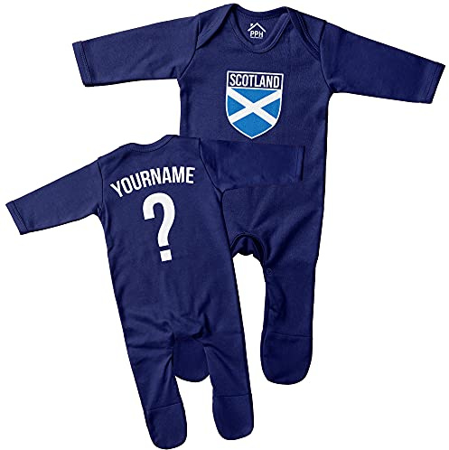 Purple Print House Baby Scotland Flag Badge Custom Name and Number Romper Suit - Football Personalised Retro Europe Summer 2021 Footy Gifts for Boy - Unique European Footie Top, 6-12 Months, Navy