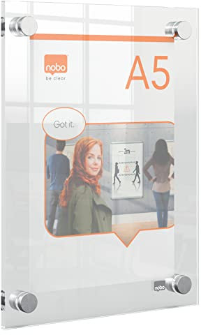Nobo Cornice per Poster / Portafoto da Parete in Acrilico, Senza Cornice, con Fissaggio ad Angolo, Orientamento Verticale o Orizzontale in Formato A5 - Trasparente