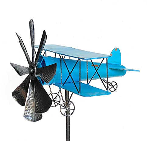 DanDiBo Gartenstecker Metall Flugzeug XL 160 cm Doppeldecker Blau 96099 Windspiel Windrad Wetterfest Gartendeko Garten Gartenstab Bodenstecker