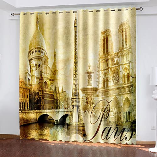 AMDXD Rideaux Cuisine Jaune, Rideaux Pas Cher Architecture Notre-Dame de Paris Tour Eiffel Rideau Polyester 274x160cm