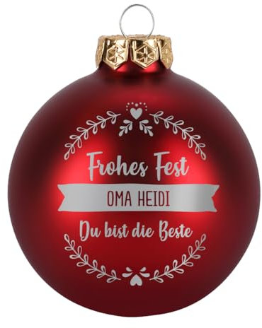 Herz & Heim® Weihnachtskugel aus Glas mit persönlicher Gravur/Rot oder Weiß/Matt oder Hochglanz/Ø 8 oder 10 cm/Verschiedene Motive Ø 8 cm, Rot Matt, 3 Zeilen Wunschtext