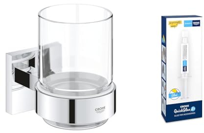 GROHE Start Cube - Glas mit Halter (verdeckte Befestigung, Material: Glas/Metall), chrom, 41097000 + Kleber für BadAccessoires
