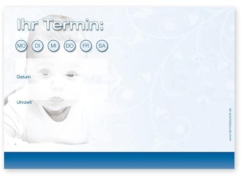 Terminblöcke Baby Smiley individuell bedruckt mit Ihrem Text und Logo! 50 Blatt je Block, 74 x 105 mm (DIN A7) quer, 1, 4 oder 6 Terminfelder, im Online Designer frei gestaltbar (50)