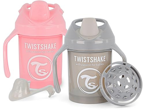 Twistshake 2x Spillfri Mini Cup - 230ml | Spillfri Pipmugg För Barn | BPA-fri Pipmugg Med Handtag | Träningsmugg För Småbarn | Grå VitGrå Rosa