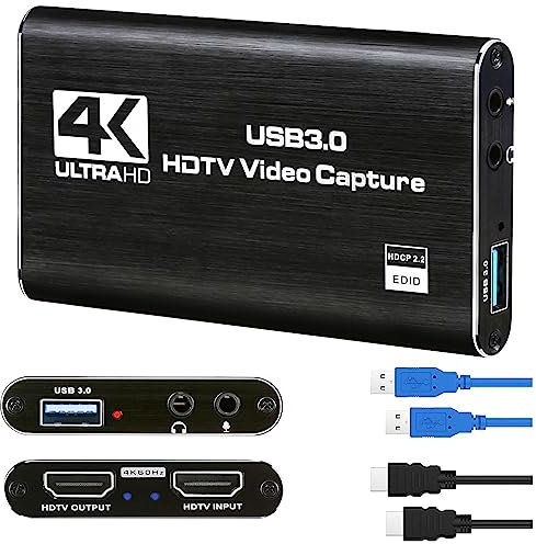 4K Audio Video Capture Card, USB 3.0 HDMI Video Capture Device, Full HD 1080P, 3.5mm Audio Input, HDCP 2.2, for Game Recording Live Streaming Broadcasting
