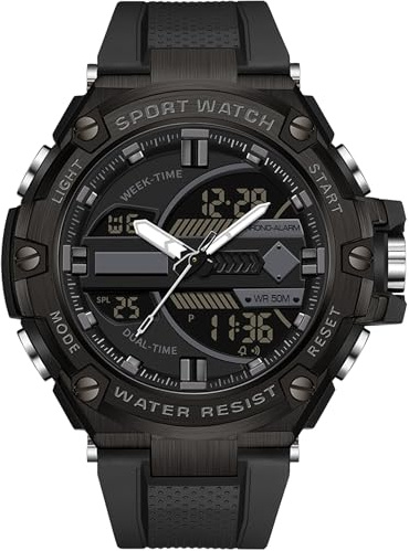 findtime Große Herrenuhr Militär Armbanduhr, Taktische Digitaluhr für Männer Jungen 5ATM Wasserdicht Outdoor Sportuhr Digital Analog Doppelzeit Display 12/24H