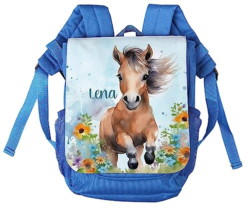 Striefchen® süßer Pony Kindergartenrucksack Mädchen personalisierter Kinderrucksack mit niedlichen Pony, Kindergarten Rucksack Blau Kindergartentasche