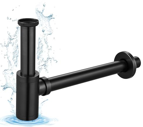 KINKIBOS Messing Siphon Universal für Waschbecken & Waschtisch, Flaschensiphon in 1 1/4 x 32 mm, Abfluss Ablaufgarnitur, Geruchsverschluss mit Reinigungsöffnung Sifon Spülbecken Abflussrohr, Schwarz