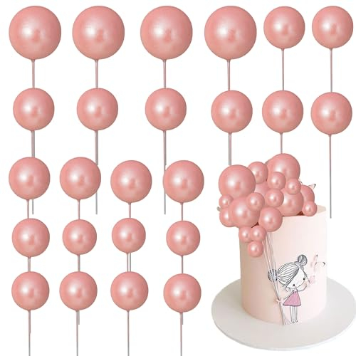 Gyufise 30Pcs Balls Cake Toppers Ball Cake Picks Foam Ball Shaped Cupcake Toppers Mini Balloons Baby Shower Cake Decorations for Wedding Enaggement Bridal Shower Birthday Party Supplies Rose Gold