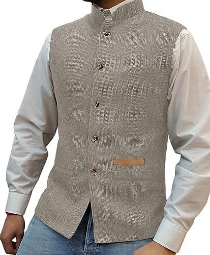 Yiaisafa Jagd Herren Stand-Up Kragen Mock Tweed Westen Retro Herringbone Weste Vintage Hochzeit Gilet Wollen Bräutigam(Champagner,XXXL)