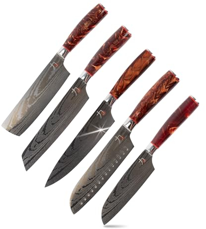 MasterPRO Tetsu | Couteaux de cuisine | Ensemble complet de 5 couteaux japonais | Parfait pour couper tous les types d'aliments | Cuisine Professionnelle | Avec revêtement en titane et manche en bois