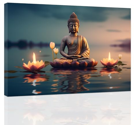 CCWACPP Zen Bilder Buddha Gemälde mit Lotusblumen Leinwand Wanddekoration Spa Kunstdrucke für Badezimmer Meditation Yoga Zimmer buddhistische Wanddekoration gerahmt (D, (30.00 x 45.00 cms))