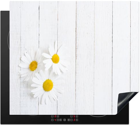 KitchenYeah© Herdabdeckplatte Einteilig Abdeckplatten Cerankochfeld | 60x52 cm - Abdeckung Ceranfeld Herdplattenabdeckung Induktionsmatte Blumen - Gänseblümchen - Holz - Weiß