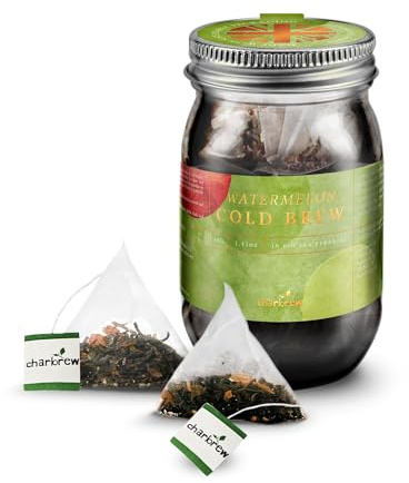 Charbrew Watermelon Cold Brew Tea Teabags - 100% Compostable Tea Bags in Reusable Glass Mason Jar 40g/1.41oz - 16 Premium Fine Mesh Teabag Infusers Premium Tea from Sri Lanka