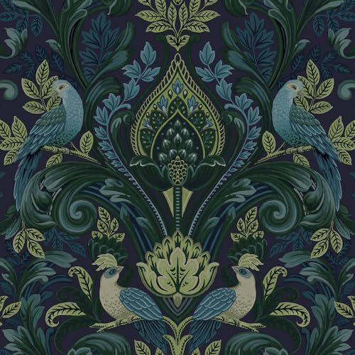 Grandeco Pfauen- und Blattschnörkeln, opulente Damast-Strukturtapete, Grün / Blau