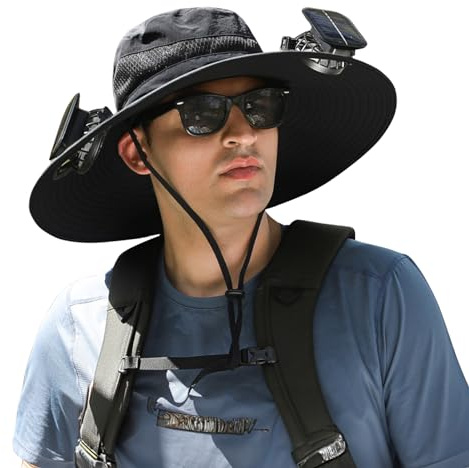 Xakava Outdoor Wide Brim Sun Hat with 2 Solar Fan Sun Bucket Hat for Men Women UPF 50+ Bucket Fishing & Beach Hat with Fan Built in (US, Alpha, Medium, XX-Large, Black)