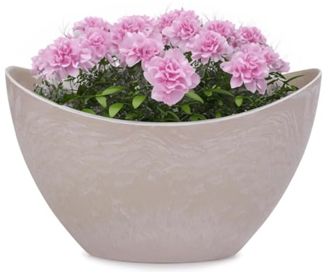 Ovale Pflanzschale für draußen - Hohe Schiff Deko-Schale in sand-farben beiger Stein-Optik als Blumen-Topf Pflanztopf - 24 cm Jardiniere für Garten Balkon oder Friedhof als wetterfester Grab-Schmuck