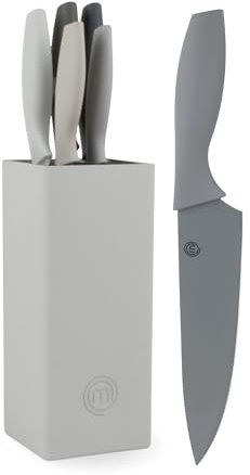 MasterChef Knife Set with Block, 5 Kitchen Knives with Sharp Stainless Steel Blades (Chef, Paring, Utility, Carving, Bread) Soft Touch Easy Grip Handles & Universal Knife Holder, Earth Greys