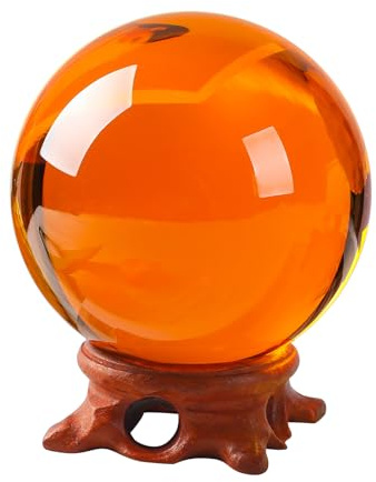 Small Amber Crystal Ball 60mm/2.3 inch with Rose Wooden Stand for Feng Shui