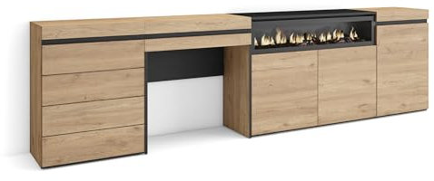 Skraut Home | Aparador | con Almacenamiento | 277x75x35 cm | Dormitorio, habitación | Chimenea eléctrica | Cómoda, Cajonera | Tocador | Estilo Moderno | Roble